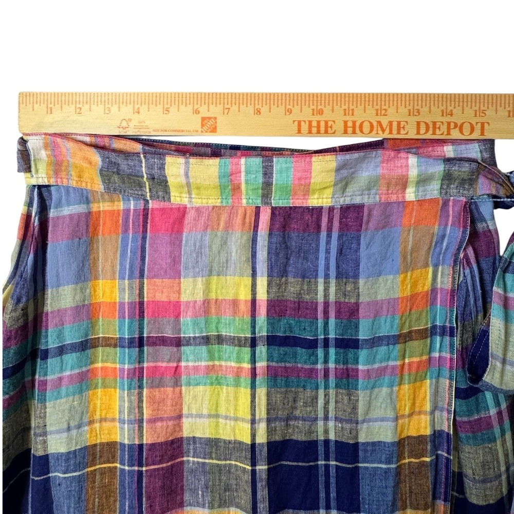 Polo Ralph Lauren Madras Linen Wrap Skirt Multicolor Plaid Ruffle High Low 14 - Picture 6 of 10